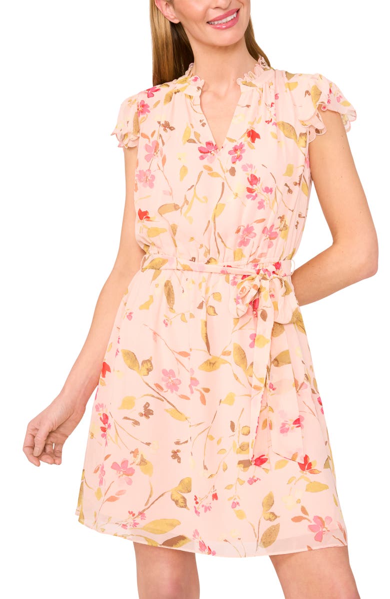 CeCe Floral Flutter Sleeve Dress, Alternate, color, Sugar Peach