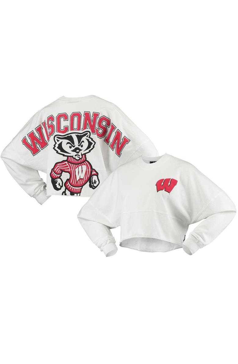 SPIRIT JERSEY Women's White Wisconsin Badgers Raw Hem Cropped Spirit Jersey Long Sleeve T-Shirt, Main, color, White