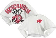 SPIRIT JERSEY Women's White Wisconsin Badgers Raw Hem Cropped Spirit Jersey Long Sleeve T-Shirt