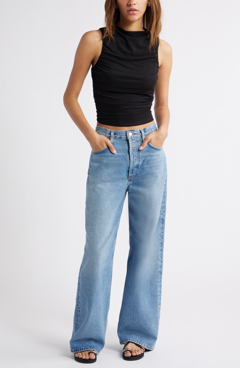 Open Edit Ruched Mesh Tank Top, Alternate, color, Black