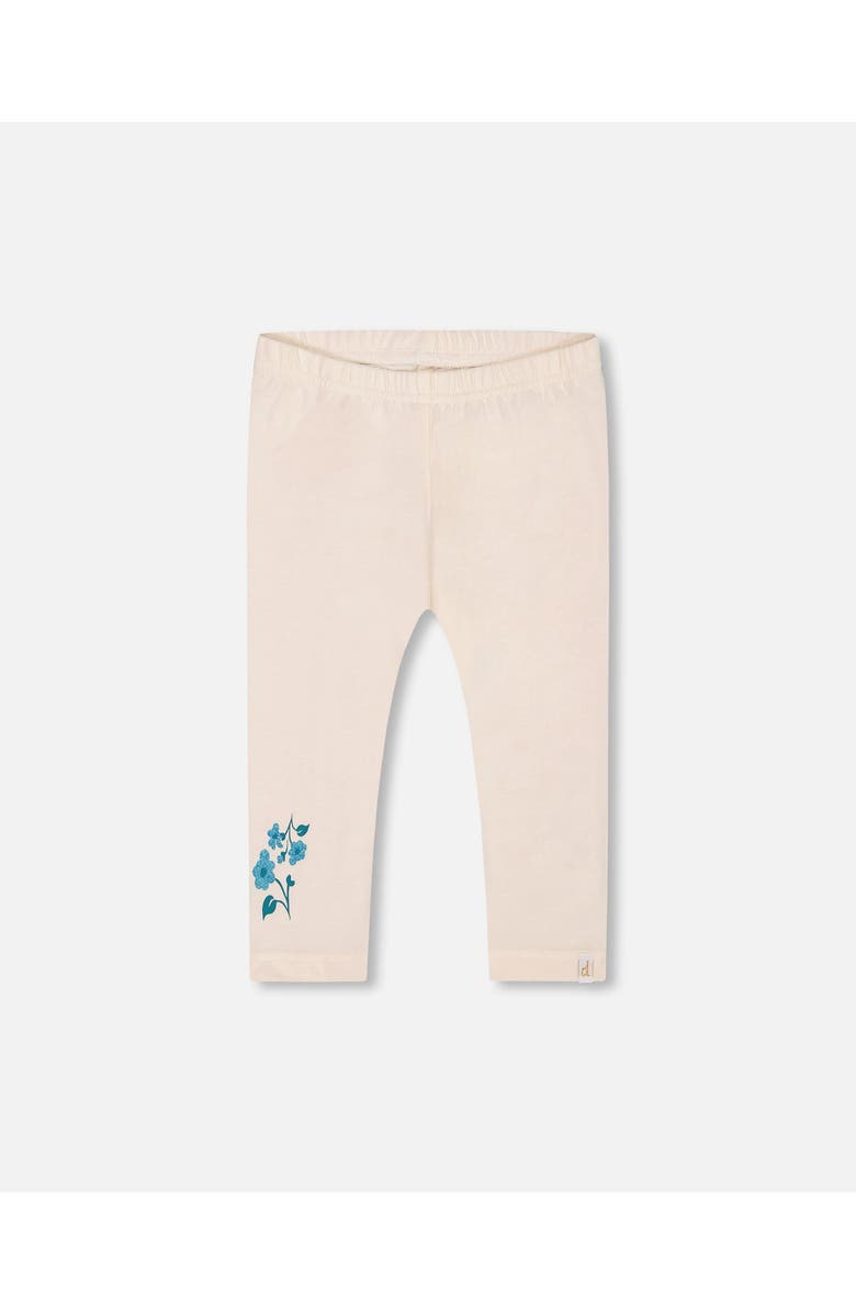 Deux par Deux Little Girl's Organic Cotton Legging Cream With Blue Flowers, Main, color, 