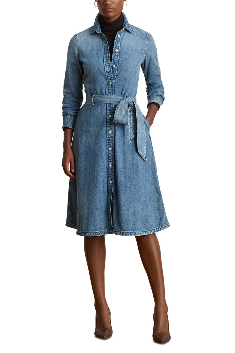 Belted Denim Shirtdress, Main, color, ODWIN WASH