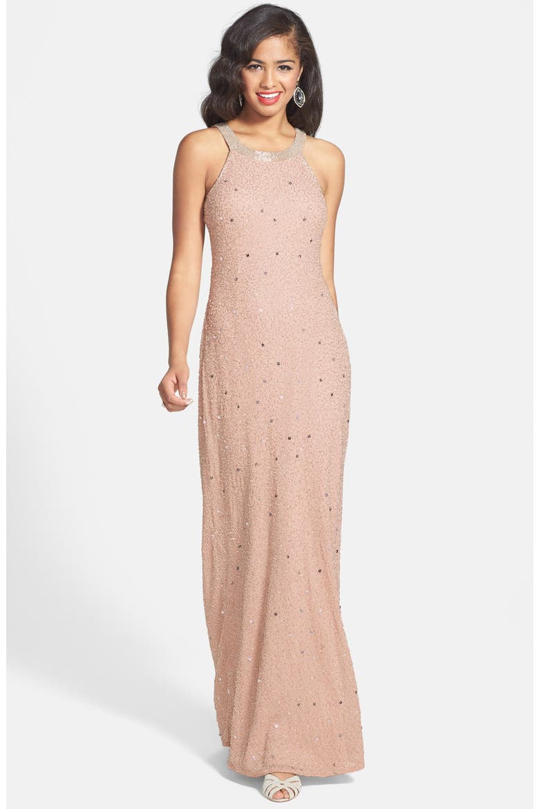 'Caviar' Illusion Back Beaded Gown, Main, color, TAUPE/ PINK