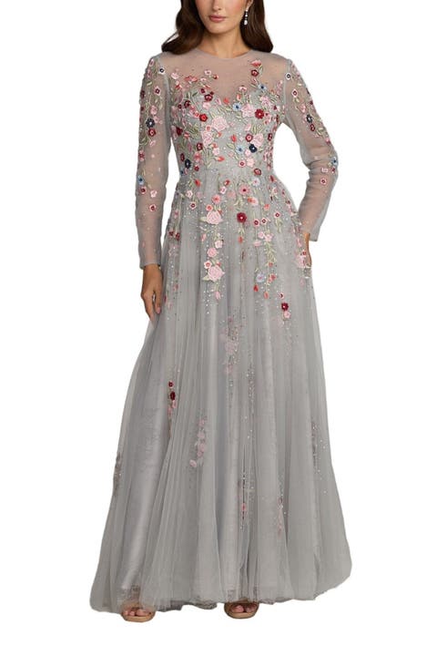 Embroidered Illusion High Neck Long Sleeve A Line Gown