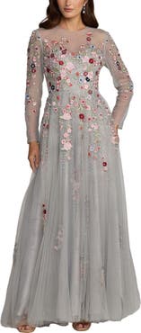 Mac Duggal Embroidered Illusion High Neck Long Sleeve A Line Gown