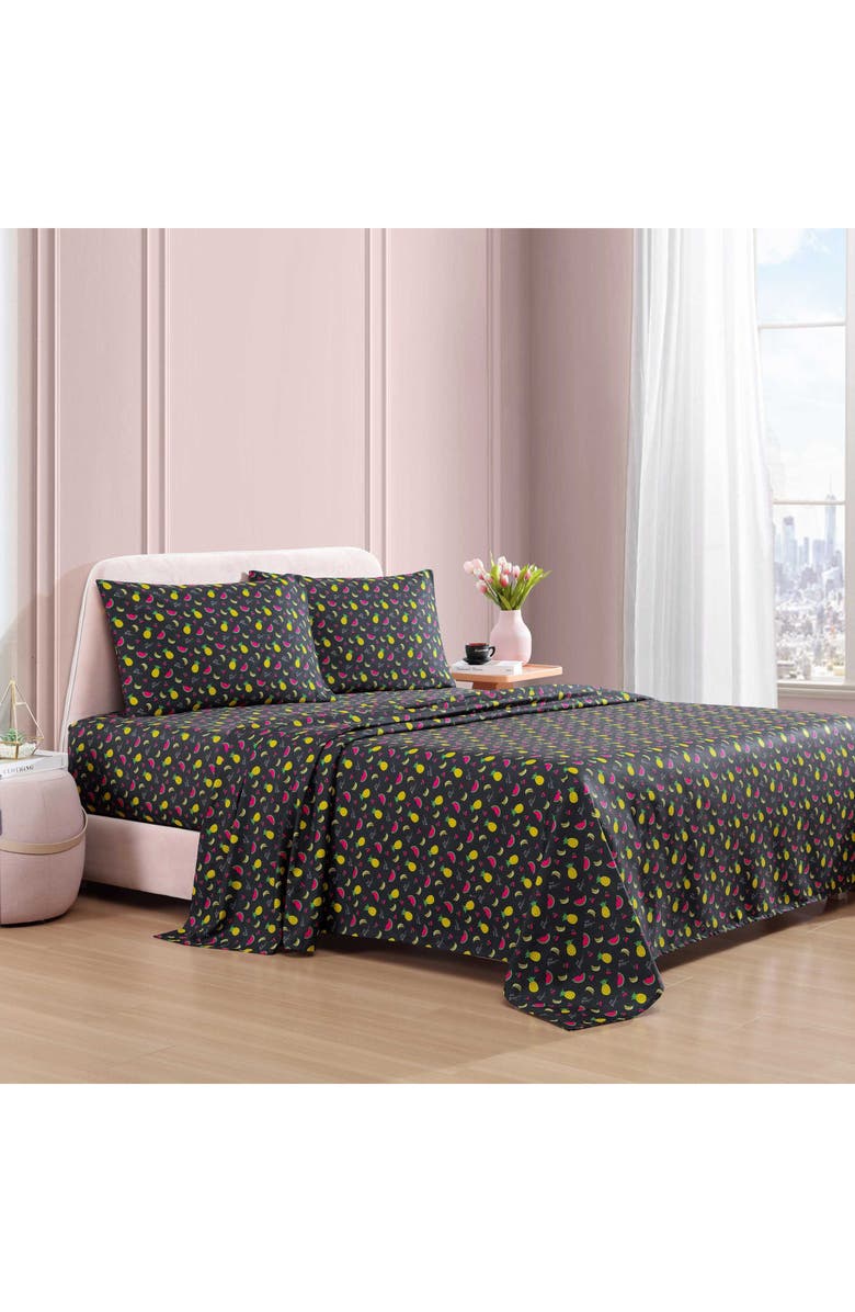 Betsey Johnson Fruits Toss Sheet Set, Alternate, color, Black/ Light Yellow