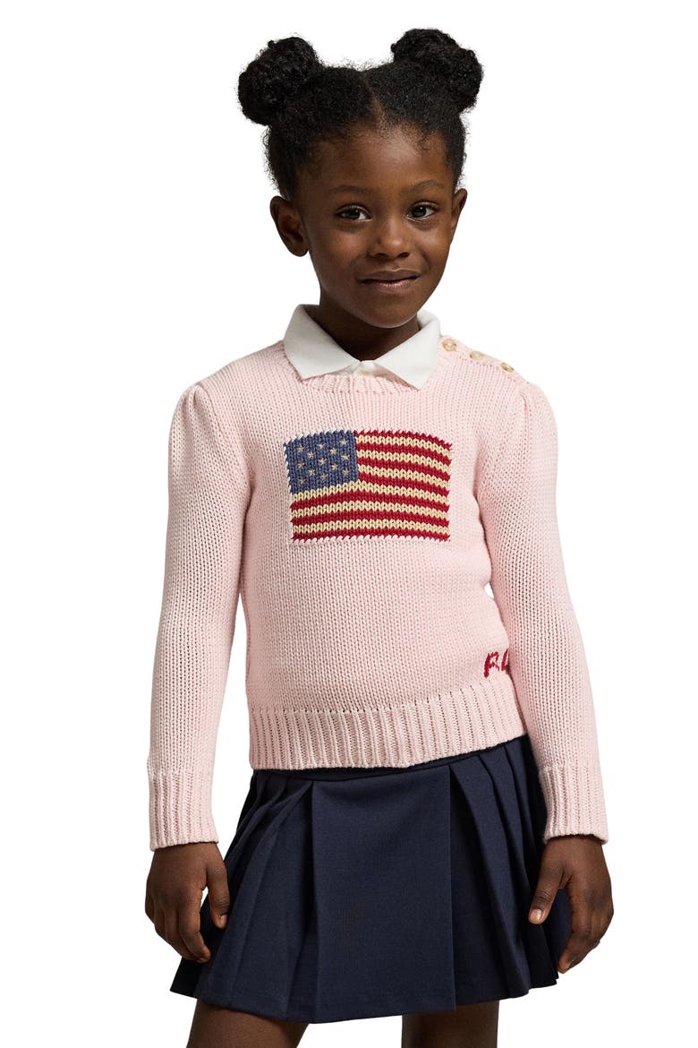 Kids' Flag Intarsia Cotton Sweater, Alternate, color, ACACIA PINK