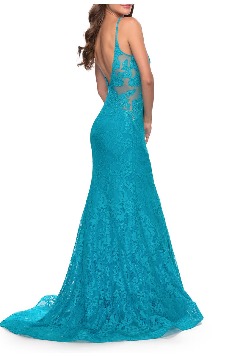 La Femme Long Mermaid Lace Dress with Back Rhinestone Detail, Alternate, color, Aqua