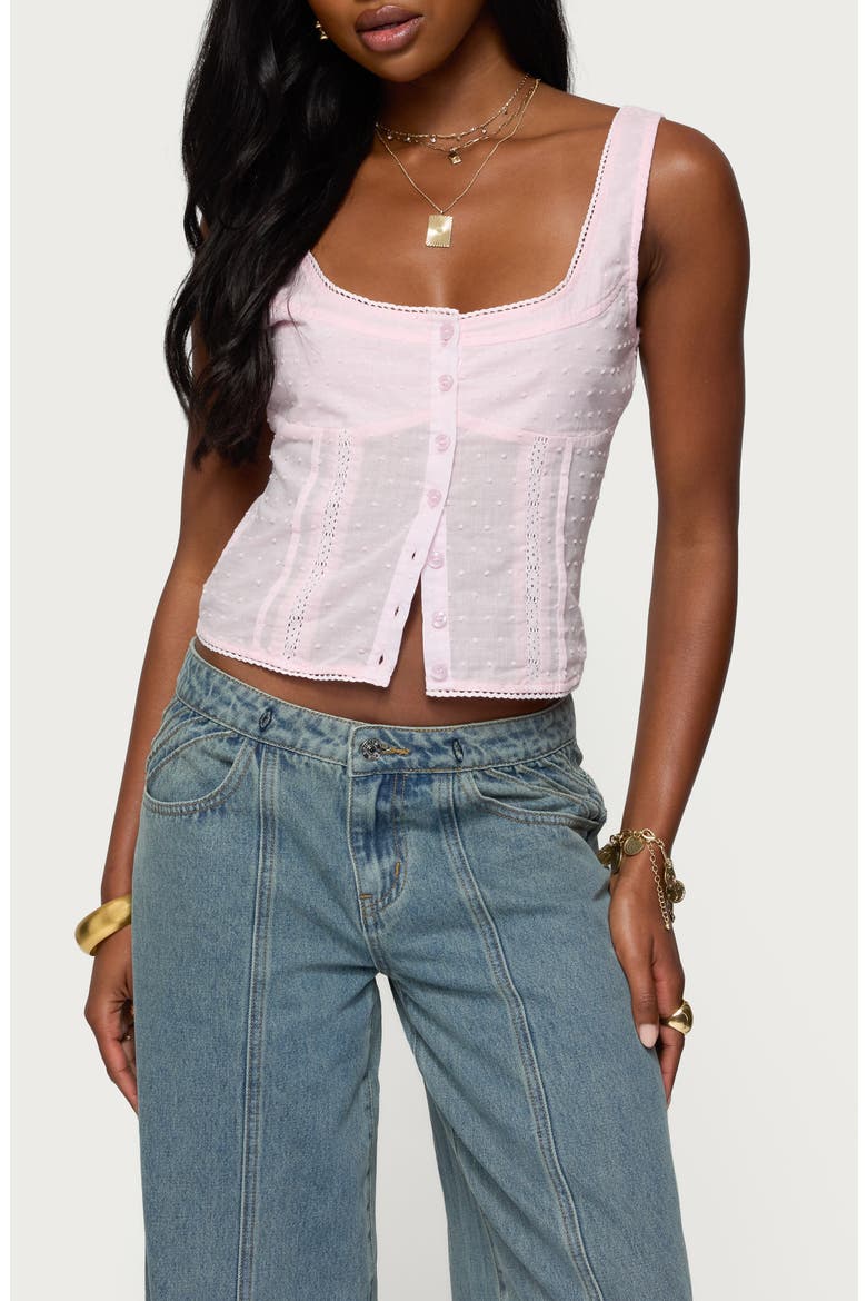 Lace Inset Clip Dot Cotton Button-Up Shirt, Main, color, LIGHT-PINK