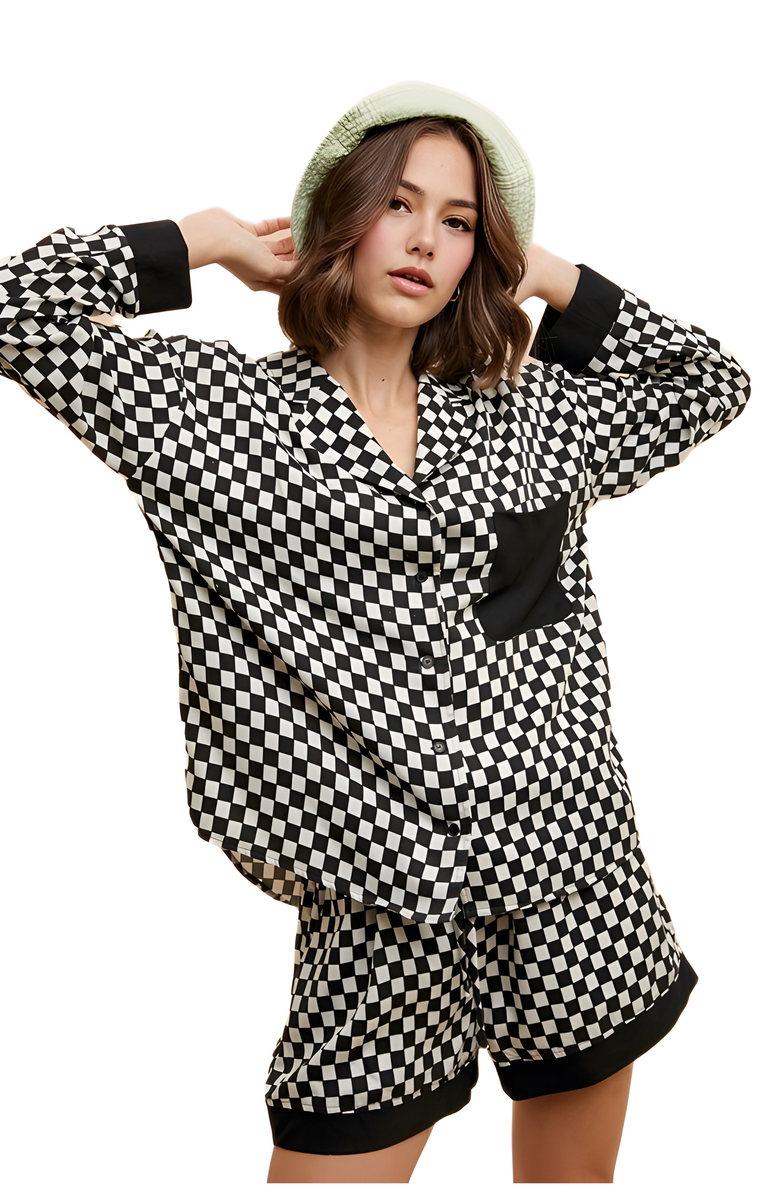 Knit and Lounge Checkerboard Print Button-Up Pajama Set, Alternate, color, Checkerboard