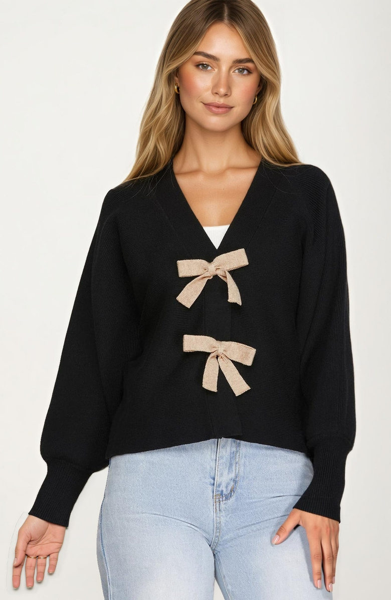 Knit and Lounge Bow Front Knit Cardigan, Main, color, Black