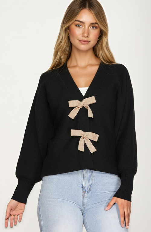 Knit and Lounge Bow Front Knit Cardigan in Black  product