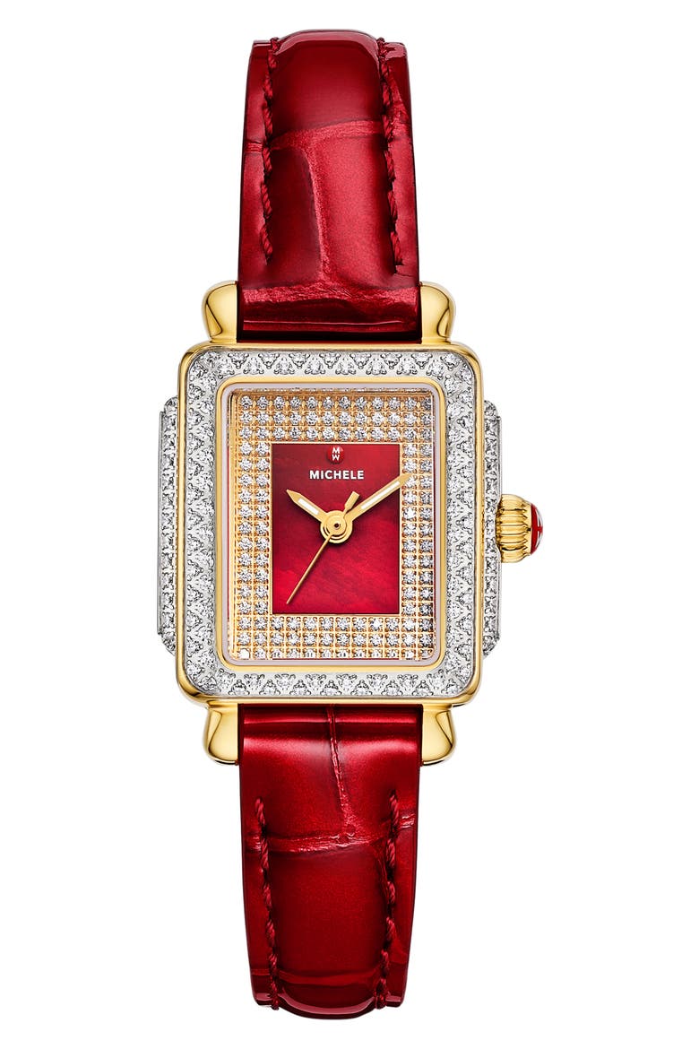 Mini Deco Madison Special Edition Two-Tone 18K Gold Plate Diamond Pavé Leather Strap Watch, 23mm x 24mm, Main, color, TWO TONE / RED