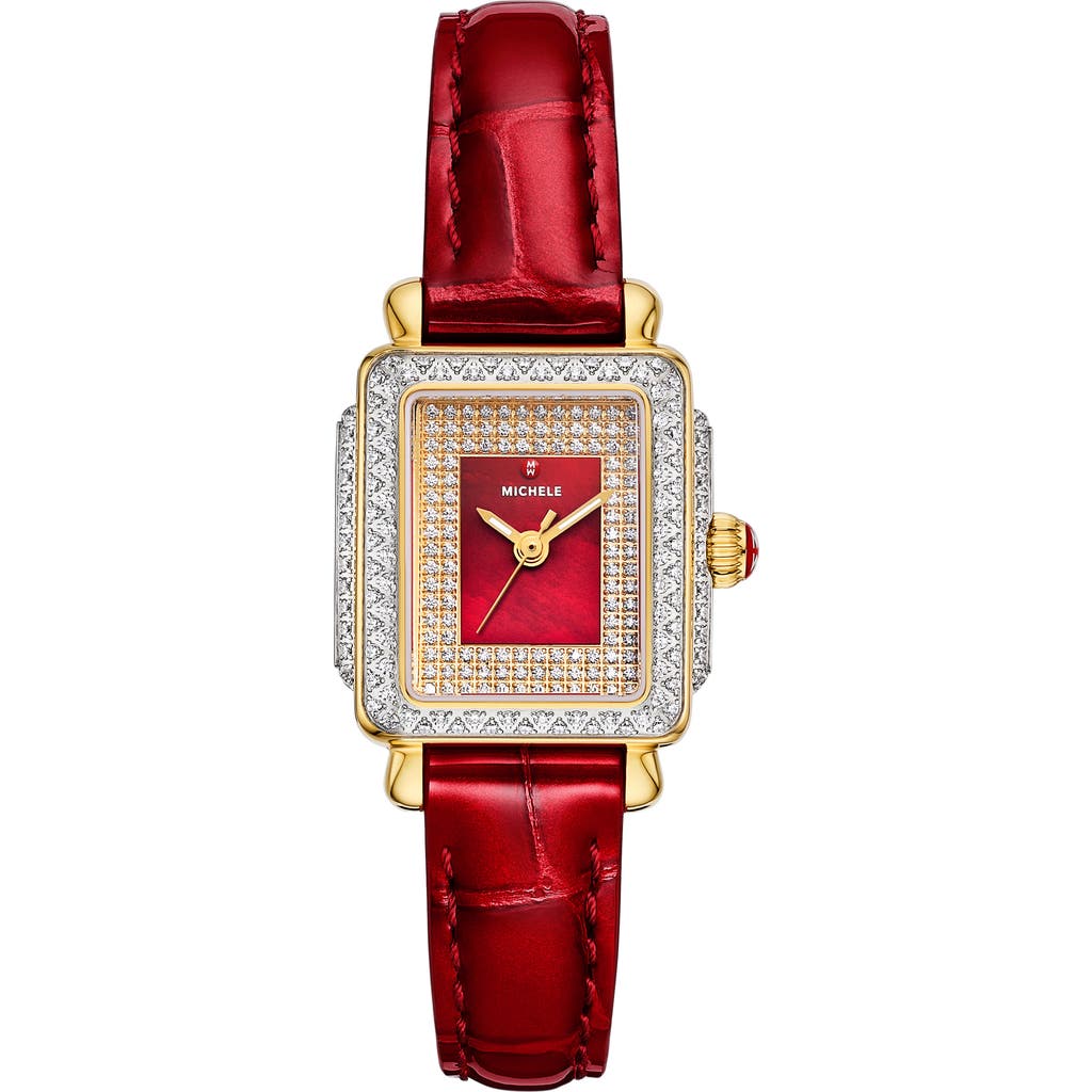 Michele Special Edition Deco Madison Mini Two Tone 18k Gold Plated Diamond Pave Dial Watch, 23mm X 24mm In Red