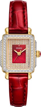 MICHELE Mini Deco Madison Special Edition Two-Tone 18K Gold Plate Diamond Pavé Leather Strap Watch, 23mm x 24mm