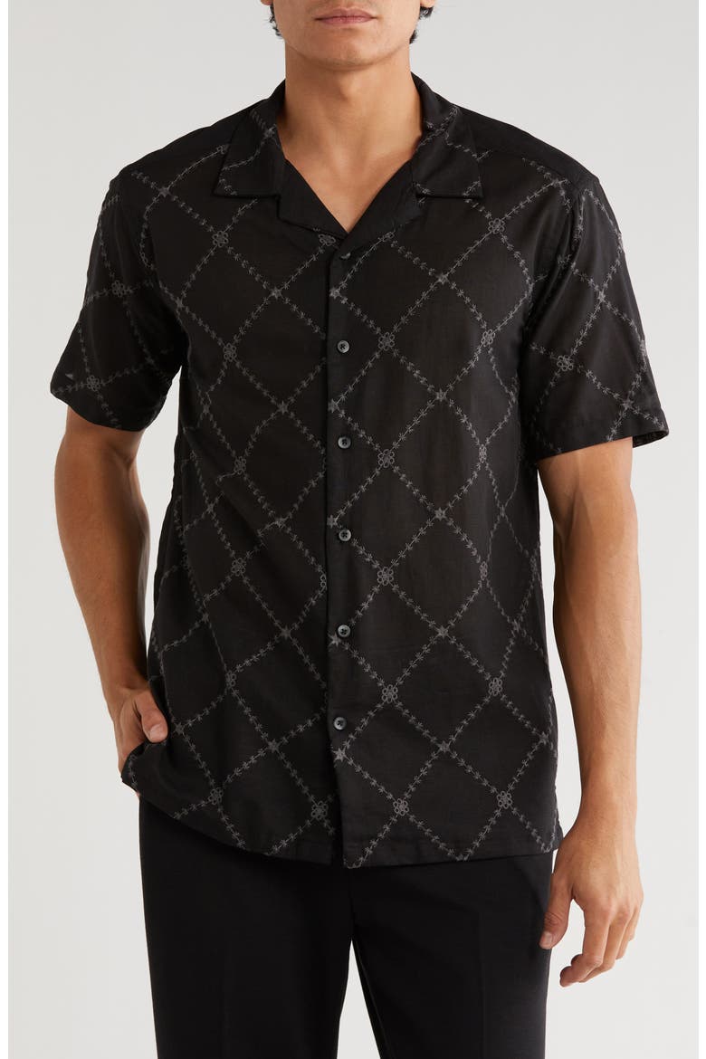 Floral Diamond Embroidered Camp Shirt, Main, color, BLACK