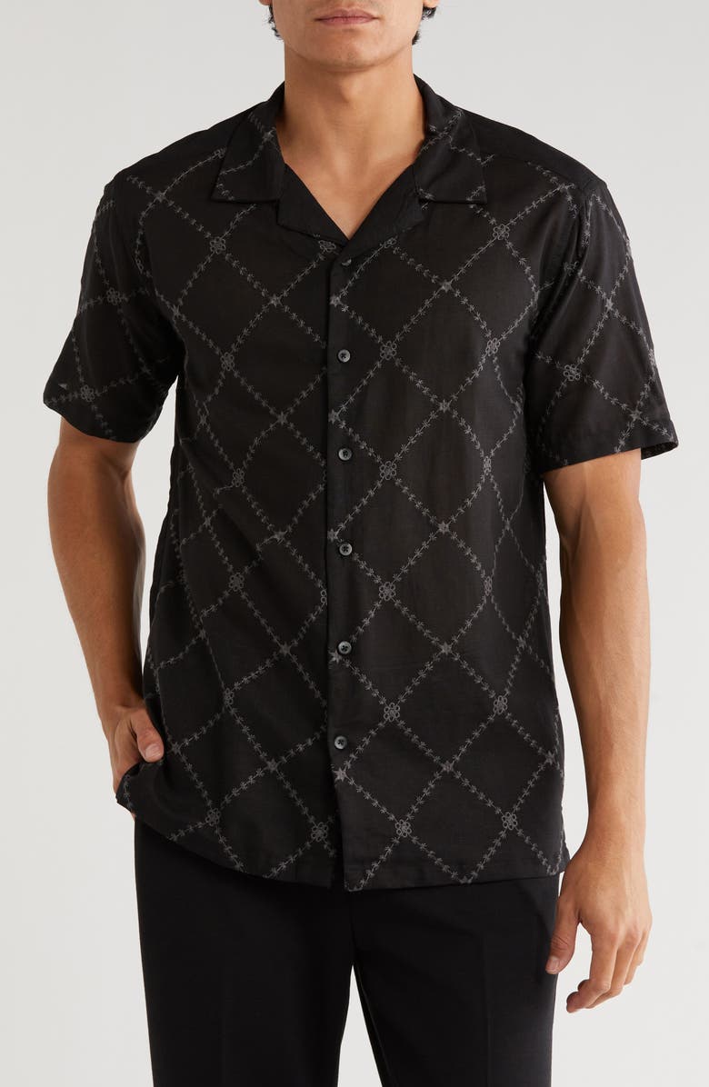 T.R. PREMIUM Floral Diamond Embroidered Camp Shirt, Main, color, Black