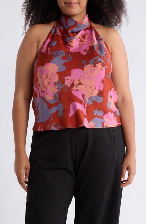 Floral Halter Satin Top (Plus)