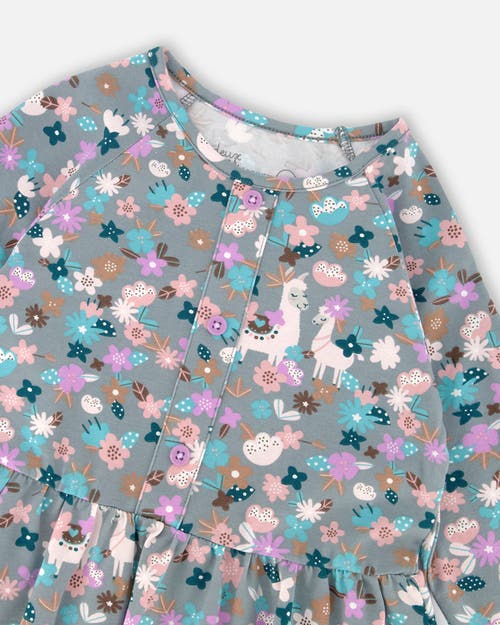 Deux Par Deux Half Button Organic Cotton Dress Llama In Gray