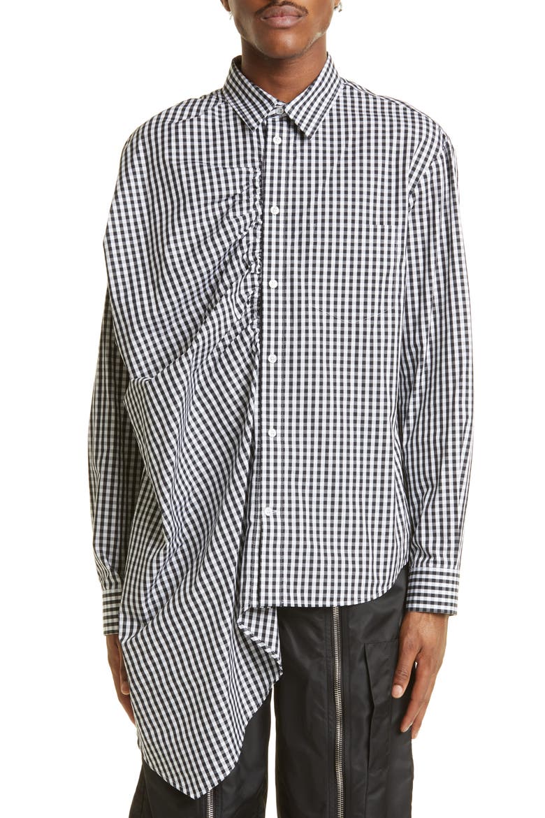 Gingham Asymmetric Gathered Button-Up Shirt, Main, color, BLACK / WHITE