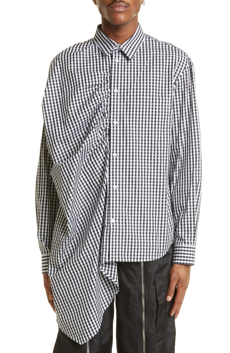 Simone Rocha Gingham Asymmetric Gathered Button-Up Shirt, Main, color,