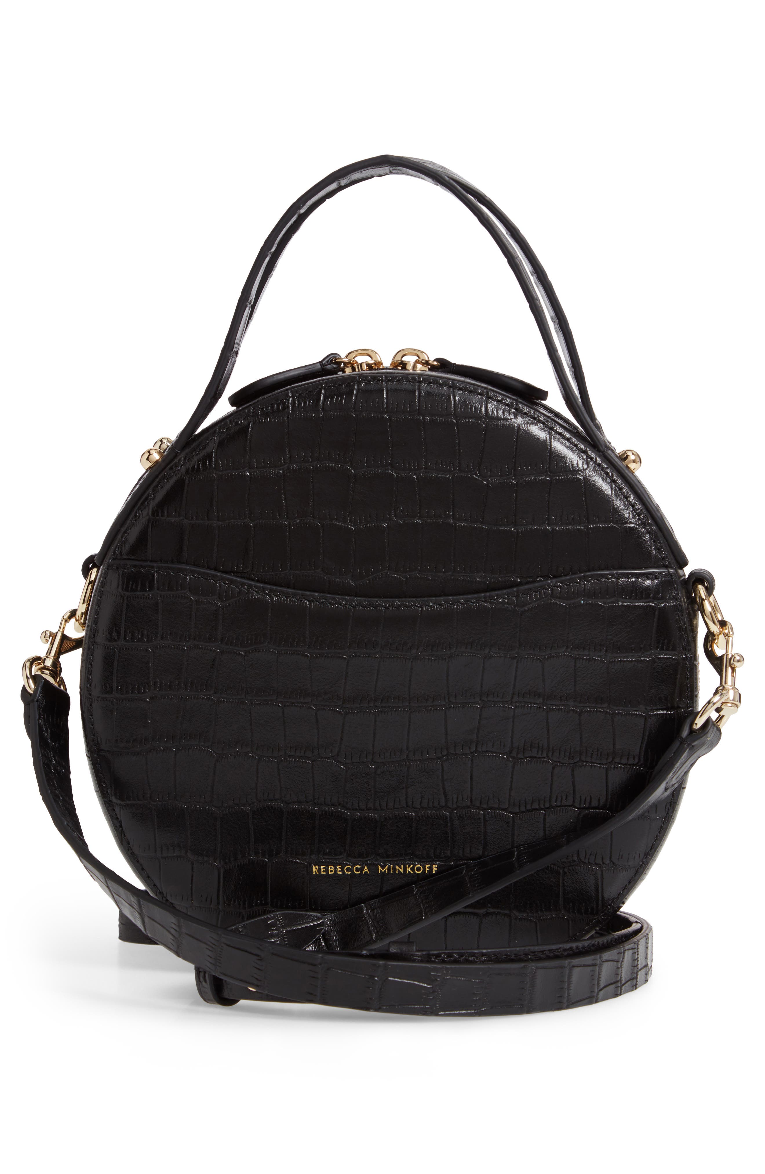Jody Croc Embossed Leather Circle Crossbody Bag, Alternate, color, BLACK