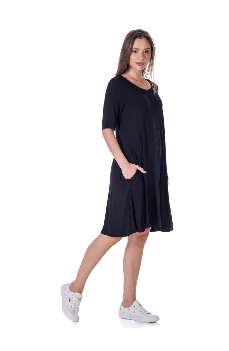 24seven Comfort Apparel Scoop Neck Elbow Sleeve Knee Legth Dress, Alternate, color, Black