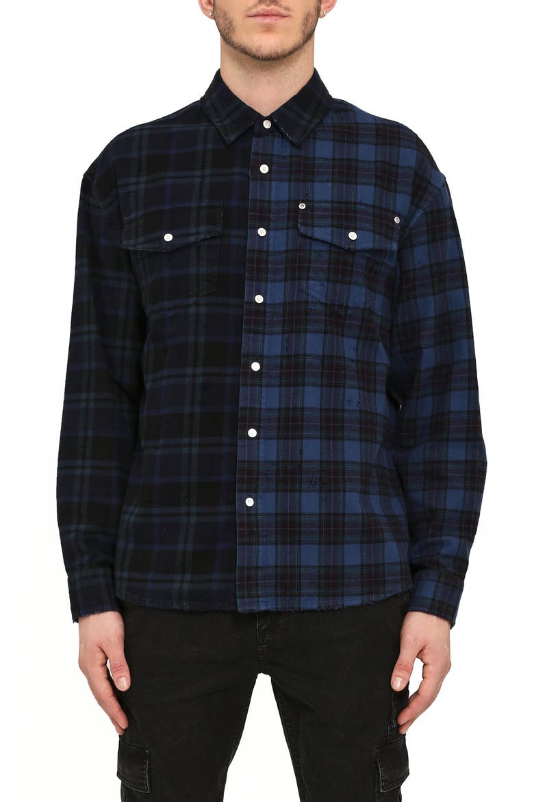 Dual Logo Plaid Long Sleeve Button-Up Shirt, Main, color, BLUE