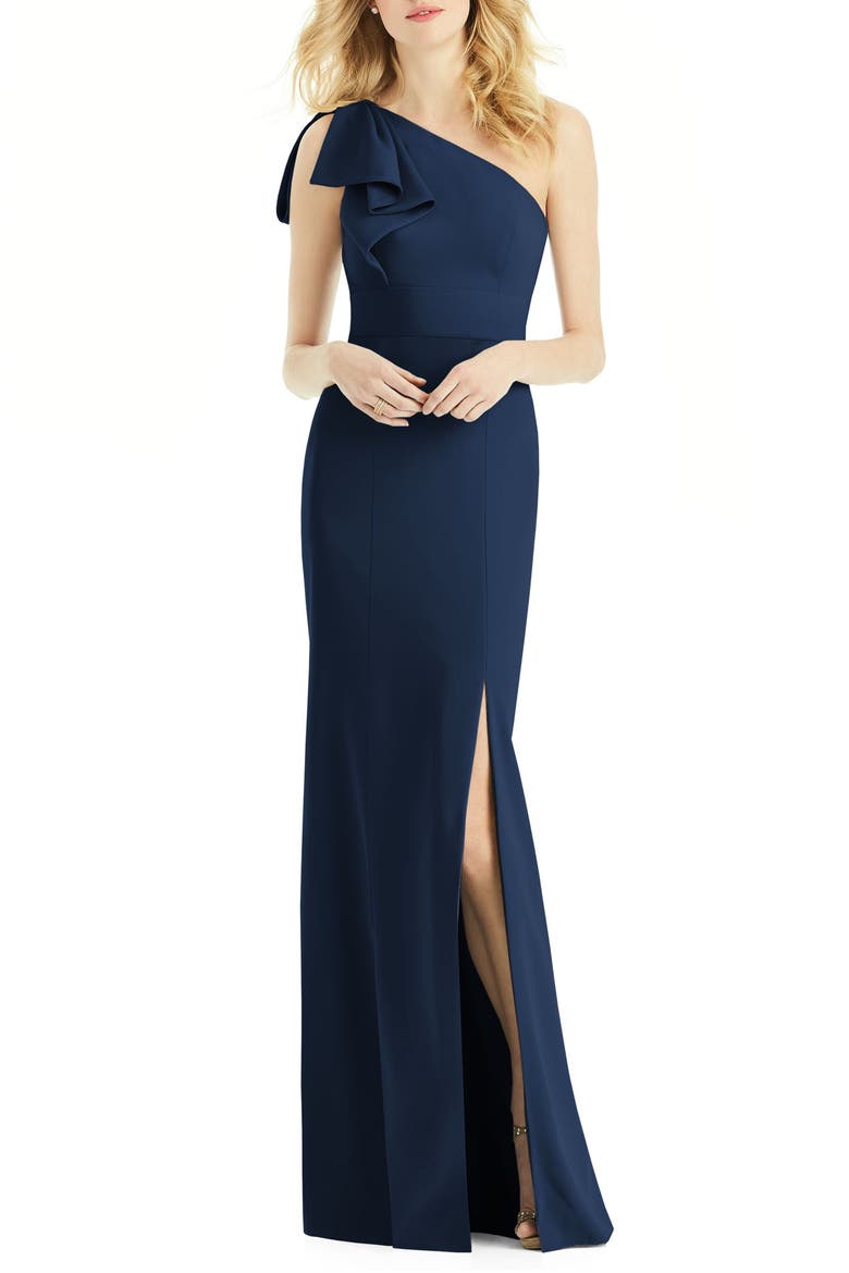 Bow One-Shoulder Trumpet Gown, Main, color, MIDNIGHT