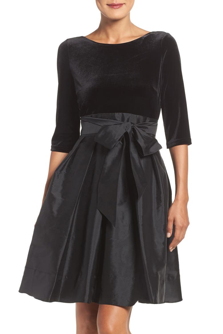 Velvet & Taffeta Fit & Flare Dress, Main, color, BLACK