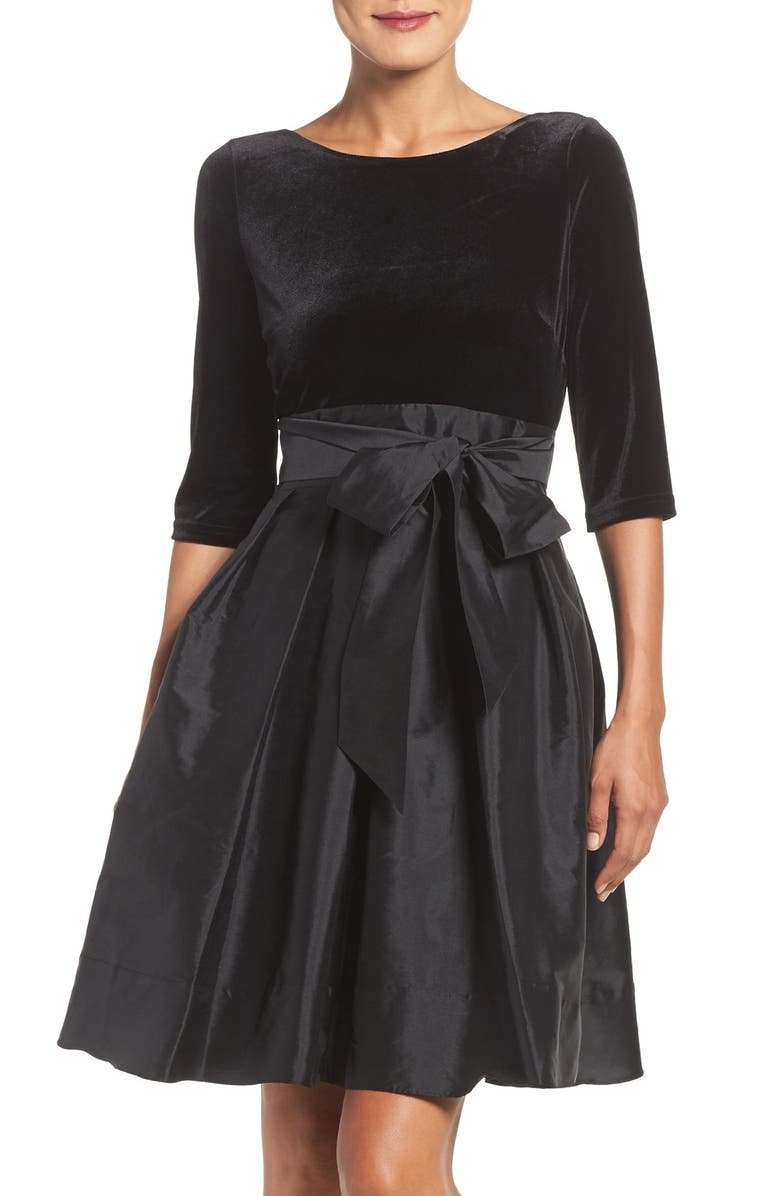 Adrianna Papell Velvet & Taffeta Fit & Flare Dress, Main, color,