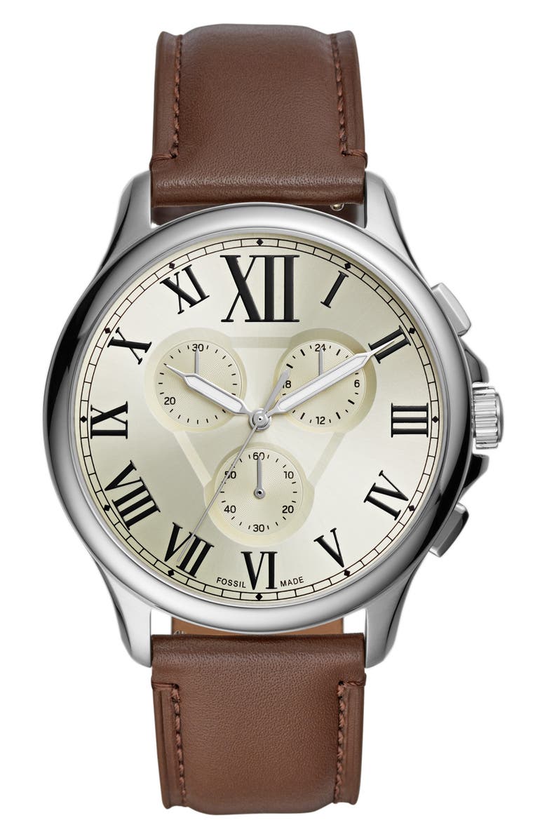 Fossil Monty Chronograph Leather Strap Watch, 44mm, Main, color, 