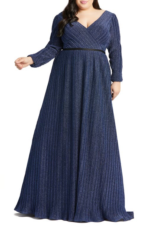 Mac Duggal Shimmering V-neck Evening Gown In Blue