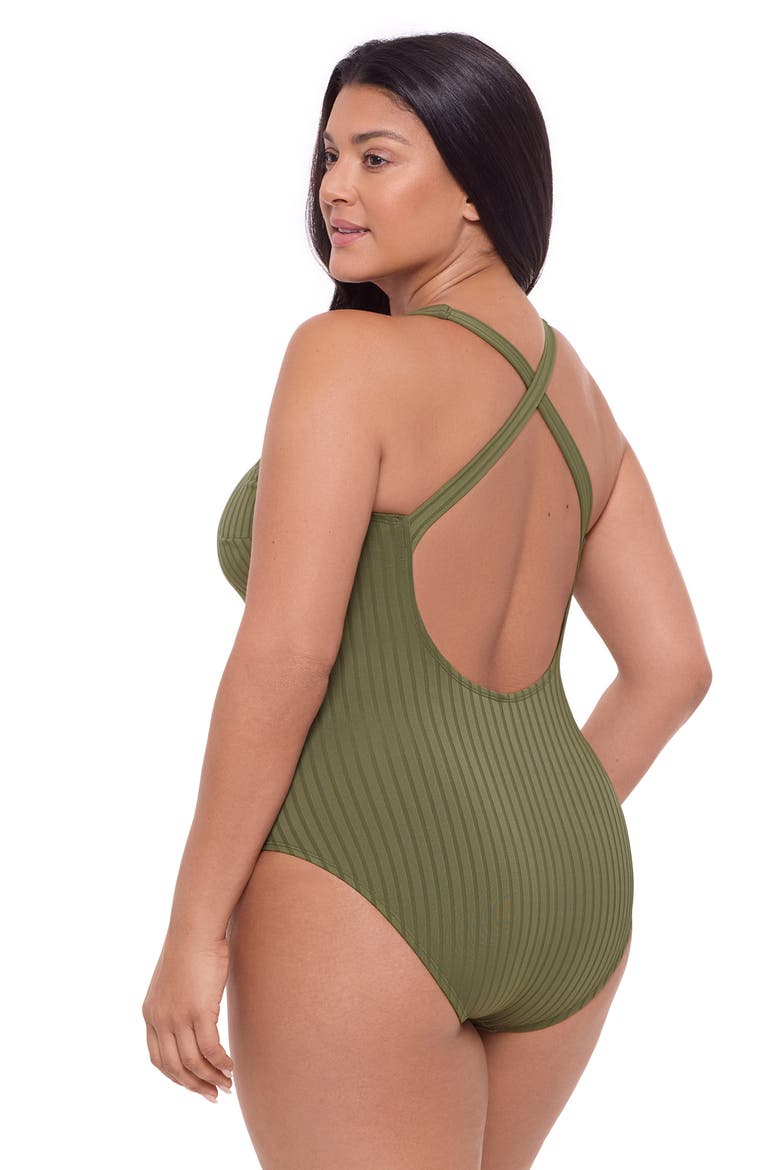 Smoothing and Sculpting Ribbed Scoopneck Crossback One-Piece Swimsuit, Alternate, color, Eucalyptus