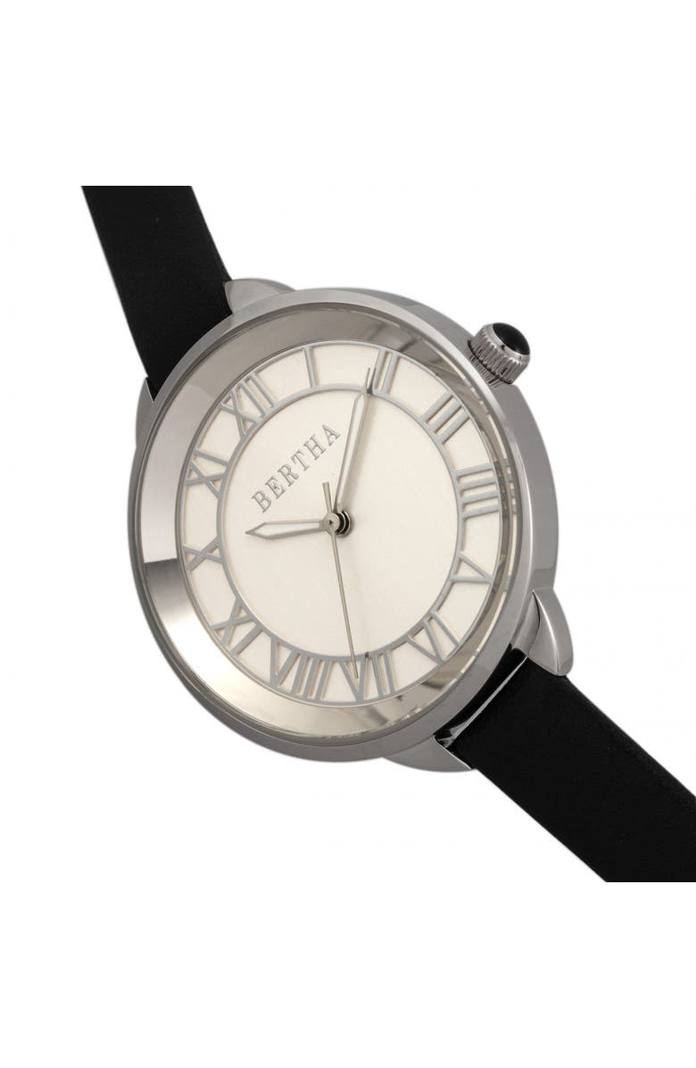 BERTHA Madison Sunray Dial Leather-Band Watch, Alternate, color, Black/Silver