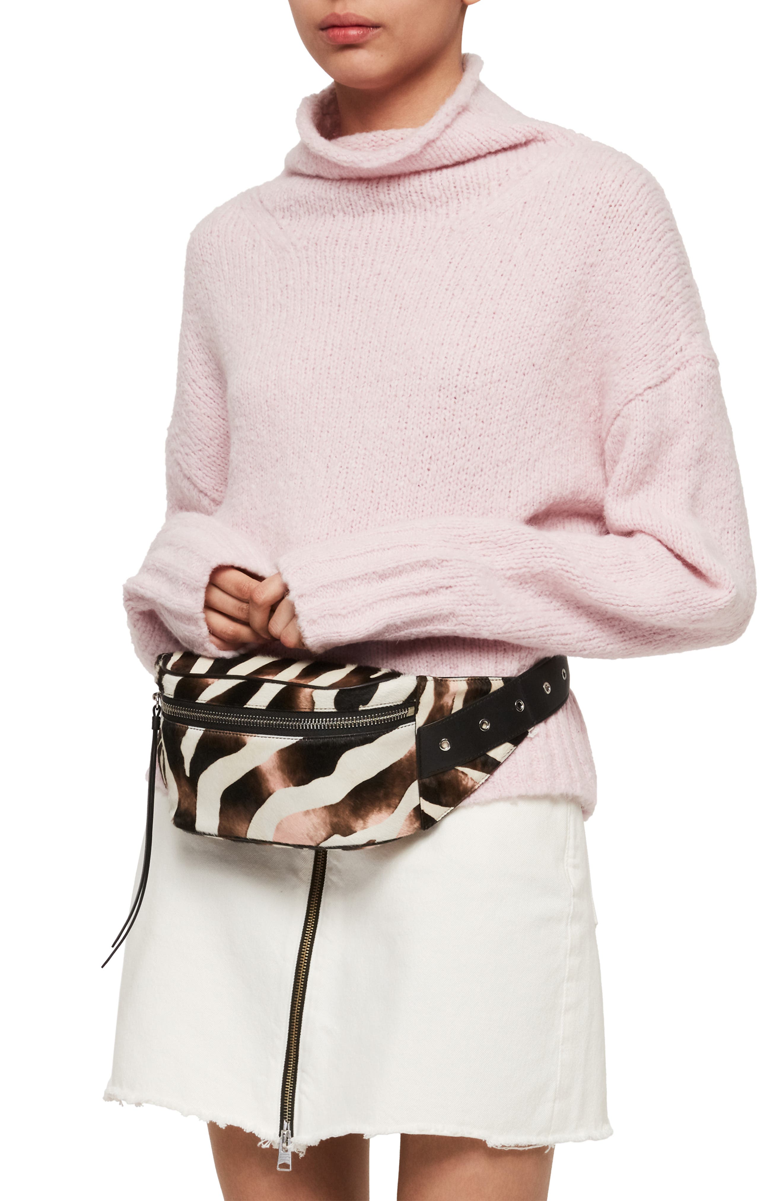 AllSaints Captain Zebra Genuine Calf Hair Belt Bag, Alternate, color, 