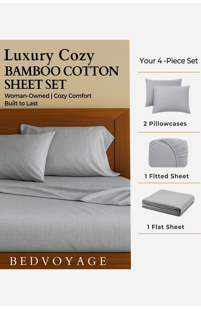 BedVoyage Melange Viscose Cotton Blend Breathable Bed Sheets, Alternate, color, Silver