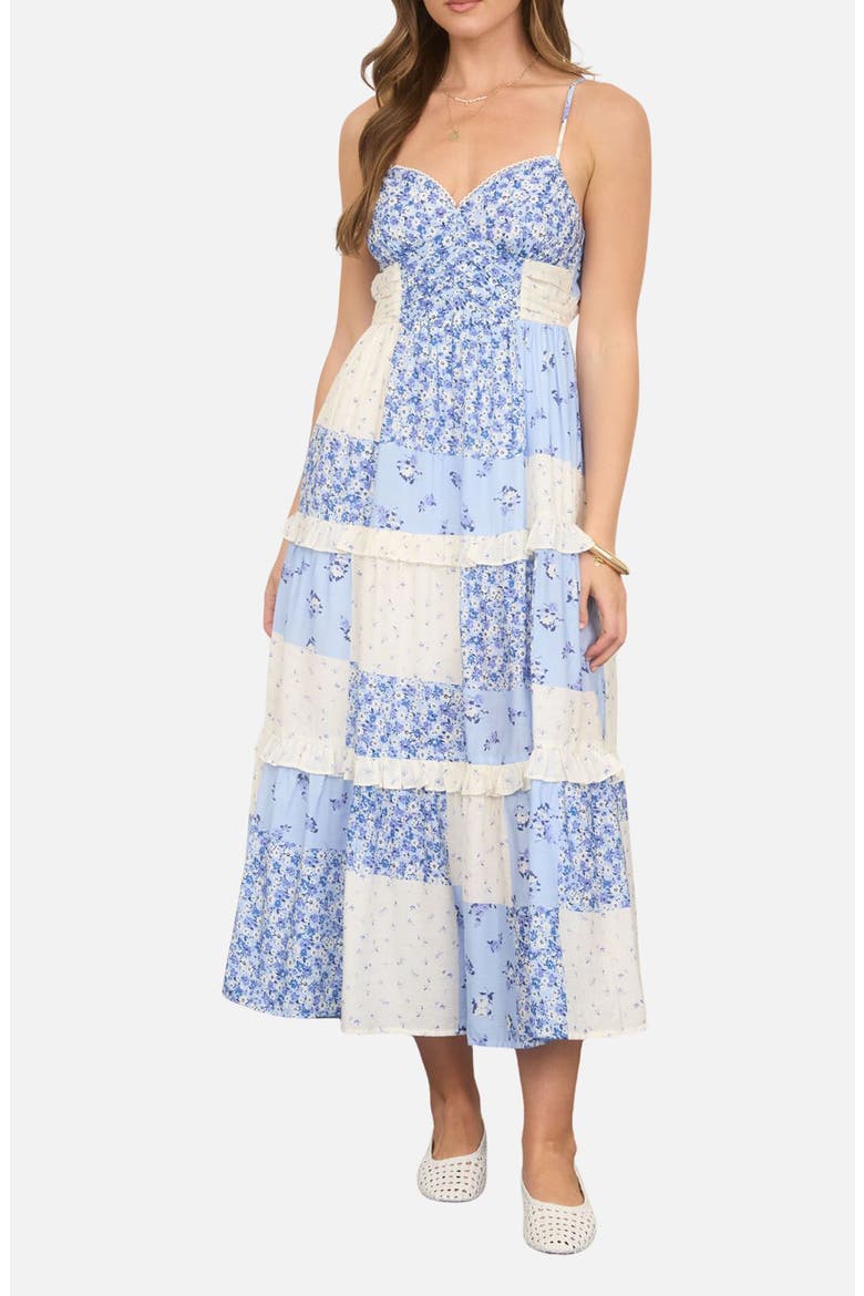 Patchwork Print Tiered Sundress, Main, color, BLUE MULTI