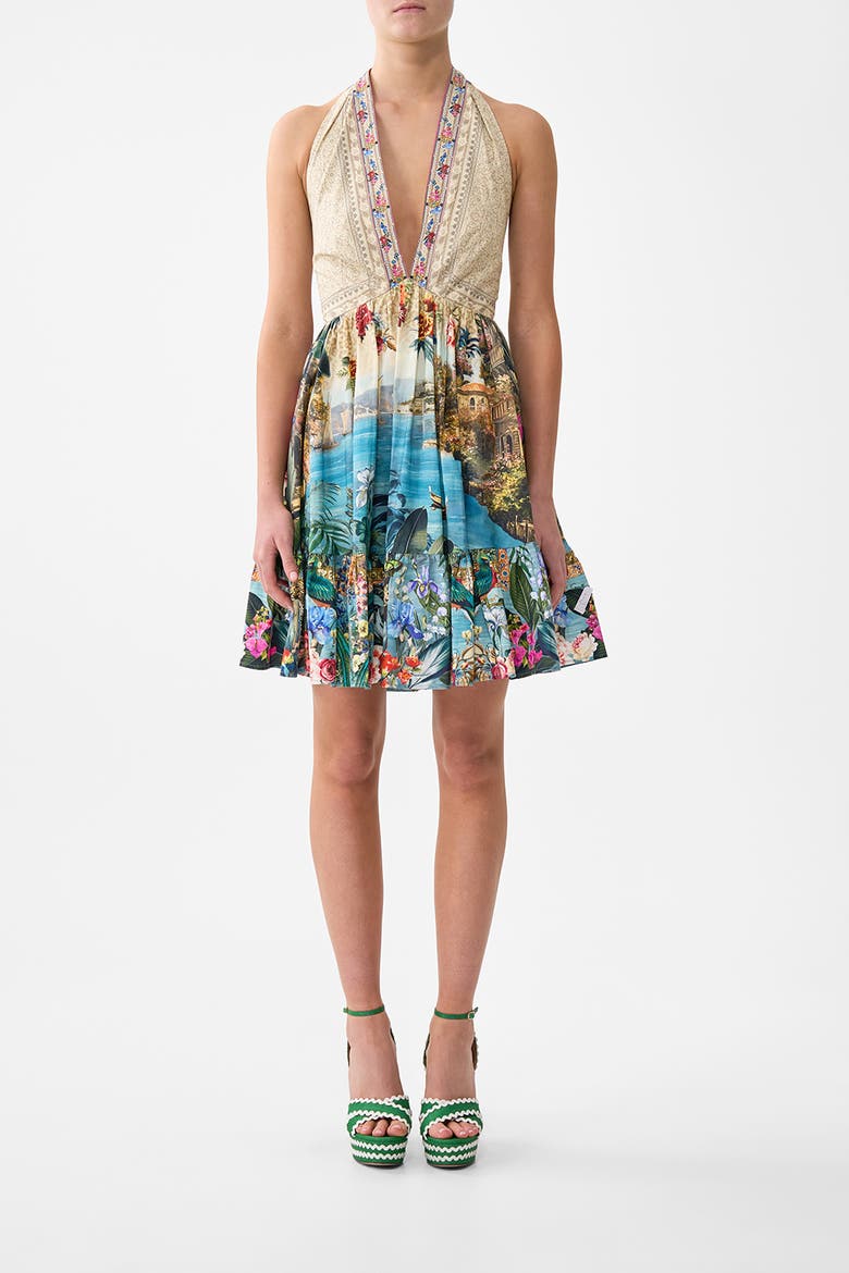Ruffle Hem Halter Short Dress, Main, color, Bodrum Botanicals