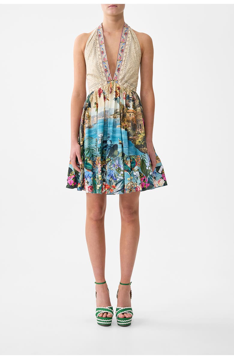 Camilla Ruffle Hem Halter Short Dress, Main, color, Bodrum Botanicals