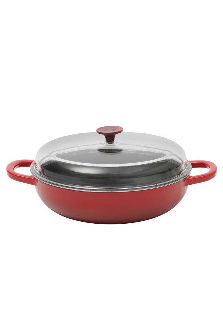 5 Quart Enameled Cast Iron Multi-Use Everday Pan With Borosilicate Lid, Main, color, Red
