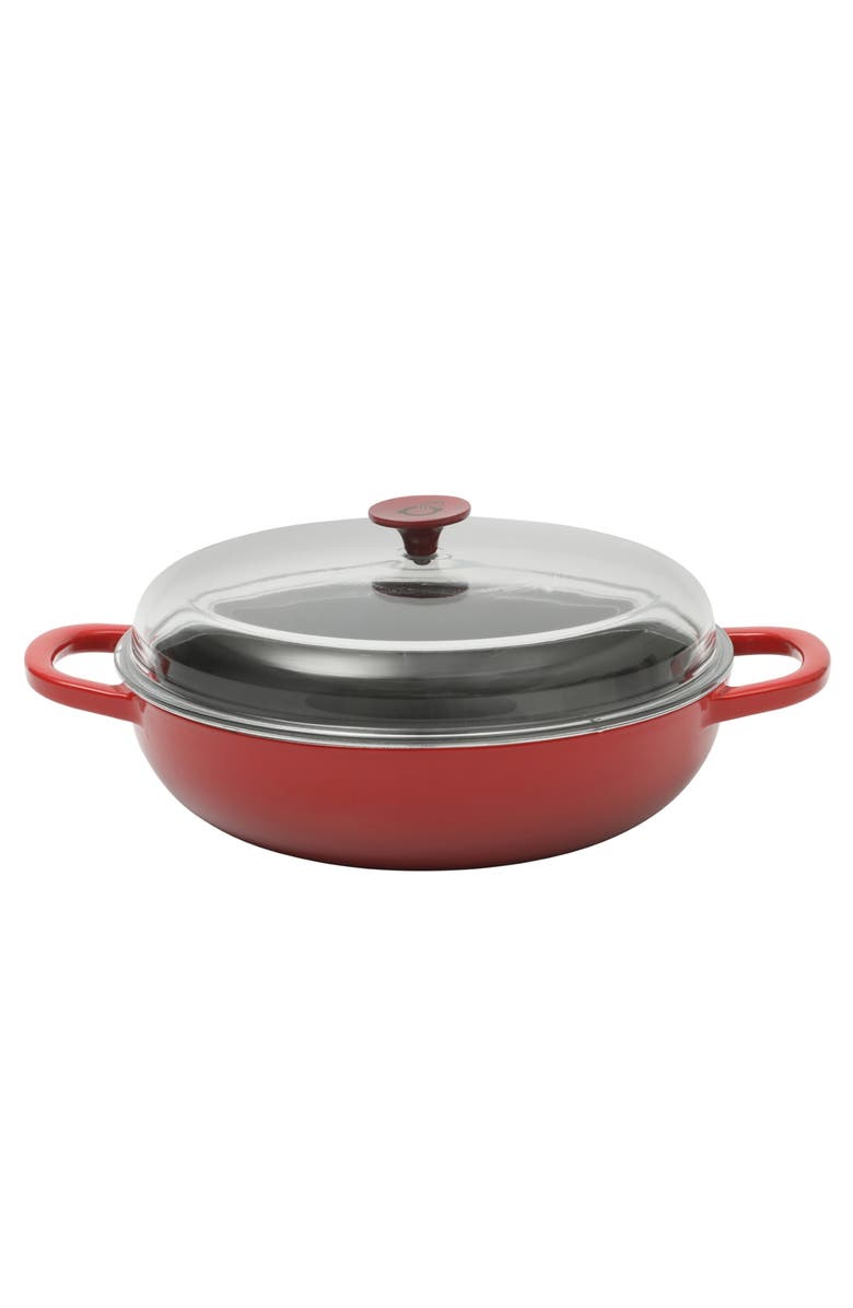 CROCK POT 5 Quart Enameled Cast Iron Multi-Use Everday Pan With Borosilicate Lid, Main, color, Red