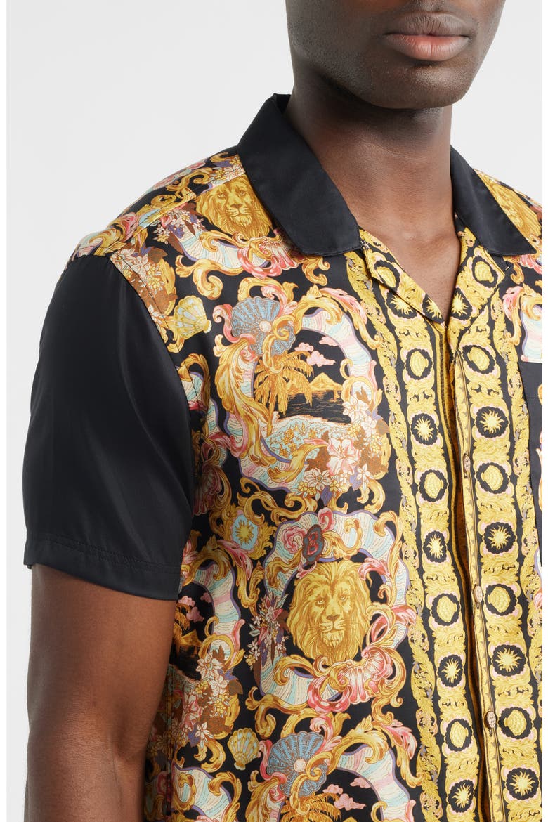Baroque Print Camp Shirt, Alternate, color, BLACK