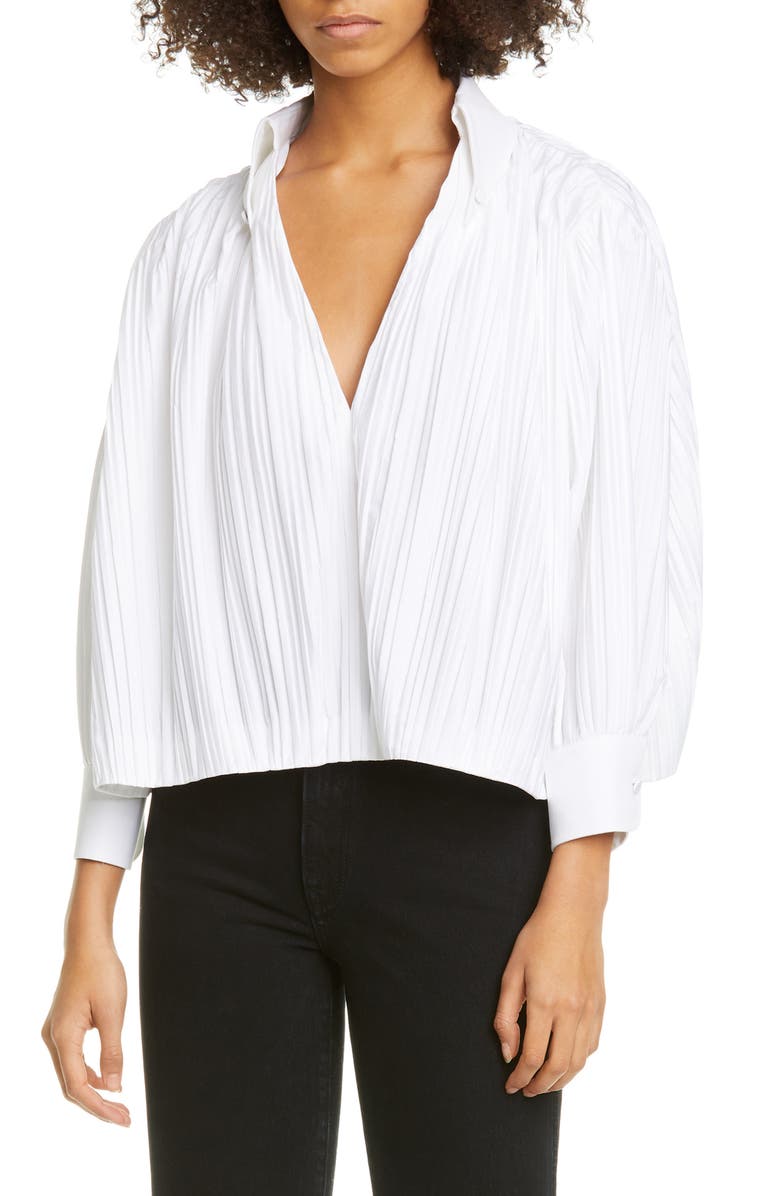 Khaite Ivette Malone Pleated Crop Cotton Poplin Top, Main, color, 