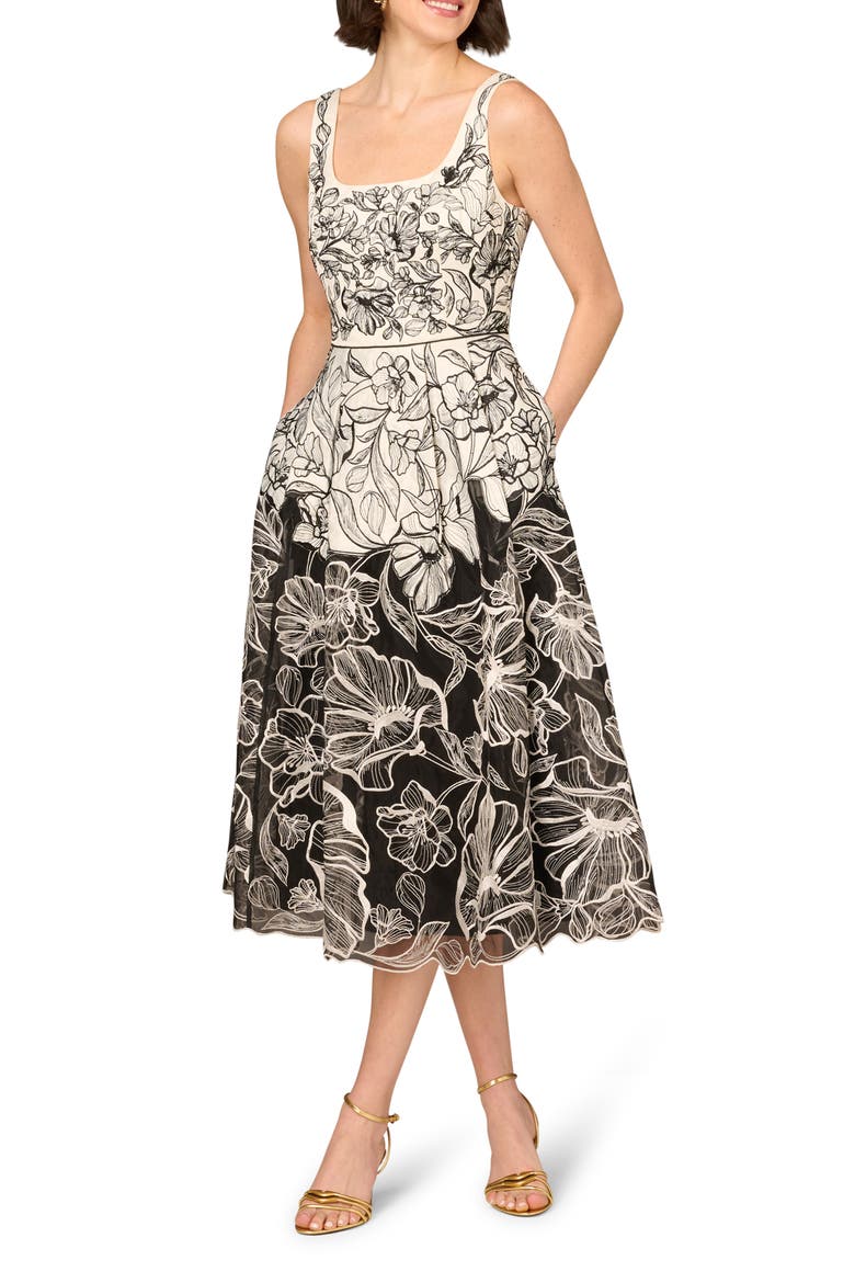 Embroidered Organza Midi Dress, Main, color, IVORY/ BLACK