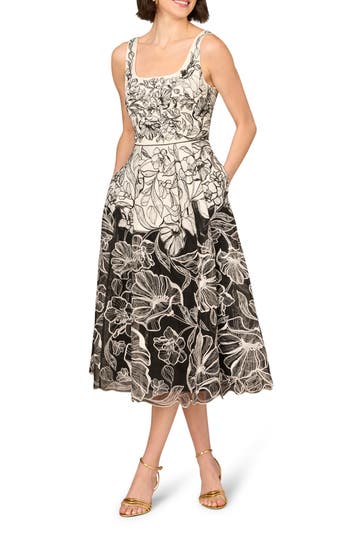 Aidan Mattox By Adrianna Papell Embroidered Organza Midi Dress In Ivory/black