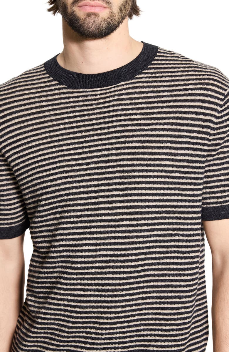 Theory Stripe Short Sleeve Linen & Cotton Blend Crewneck Sweater, Alternate, color, Black/ Chino