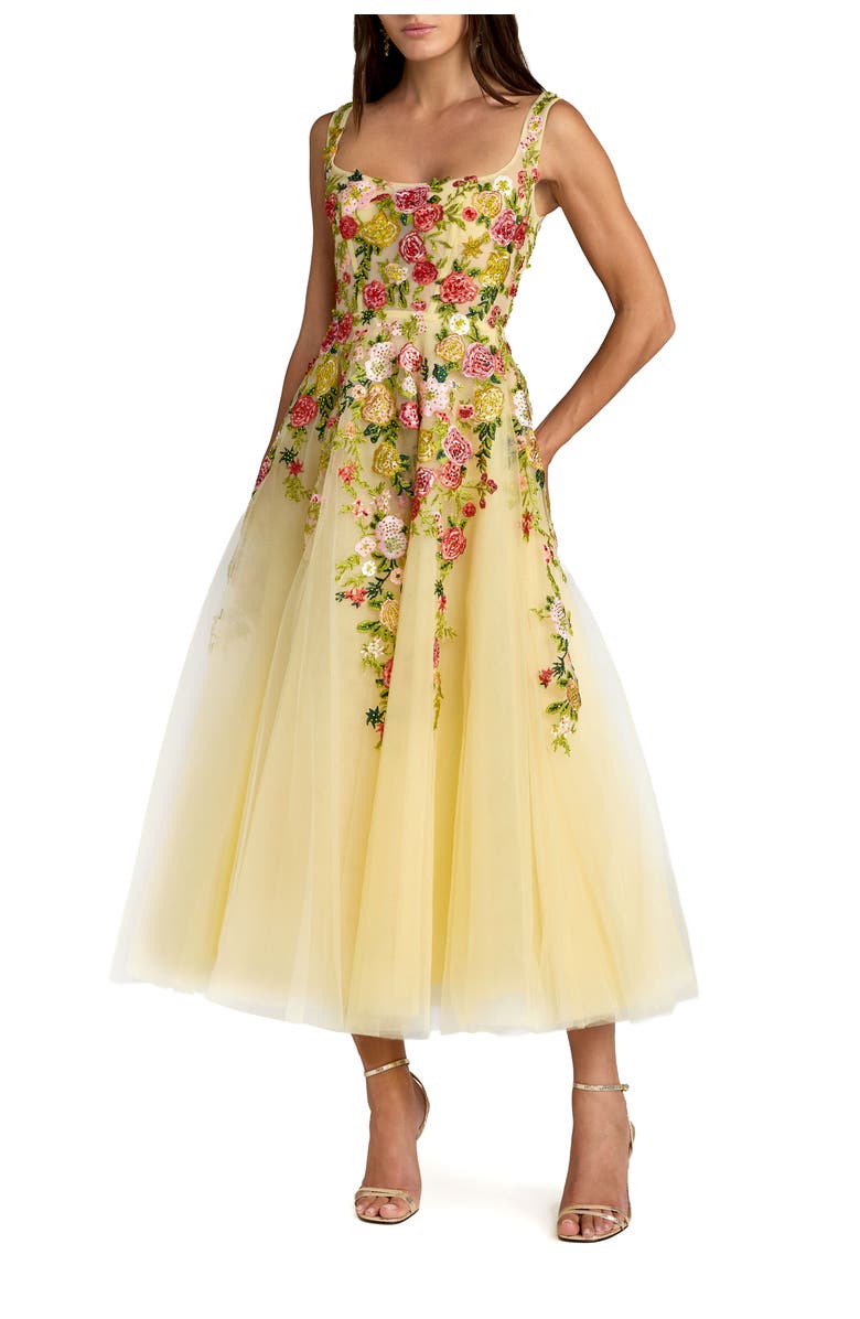 Mac Duggal Embroidered Tulle A-Line Midi Dress, Main, color, Butter Multi