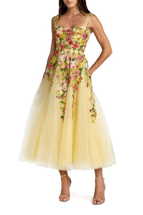 Embroidered Tulle A-Line Midi Dress