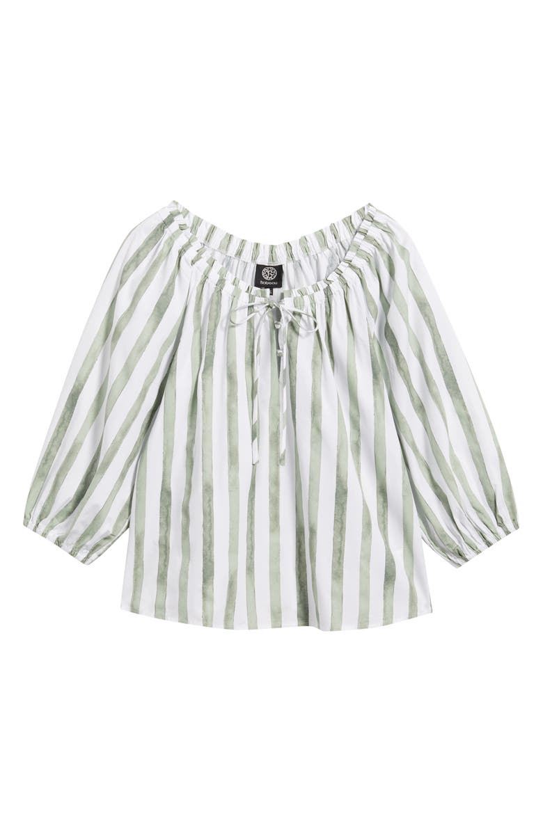 Bobeau Tie Neck Raglan Sleeve Top, Alternate, color, Light Olive Stripe